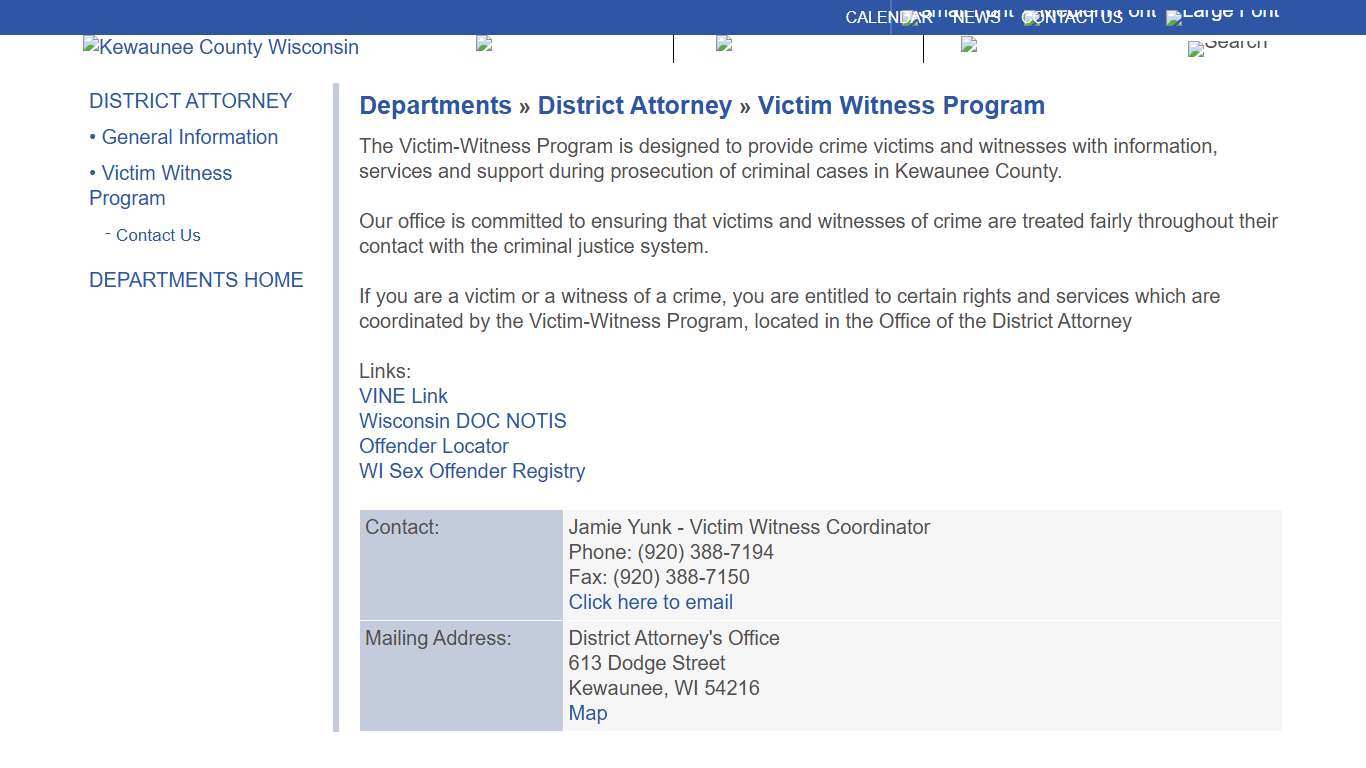Kewaunee County Departments » District Attorney » Victim Witness Program