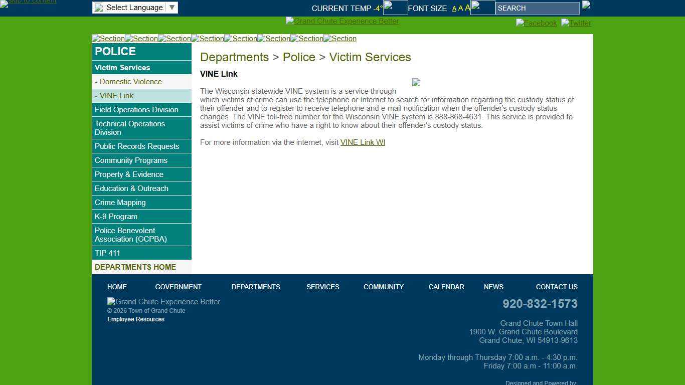 Grand Chute Departments > Police > Victim Services > VINE Link