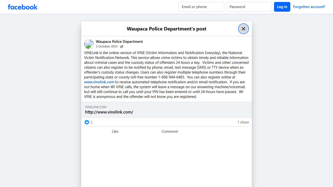 VINELink is the online version... - Waupaca Police Department Facebook